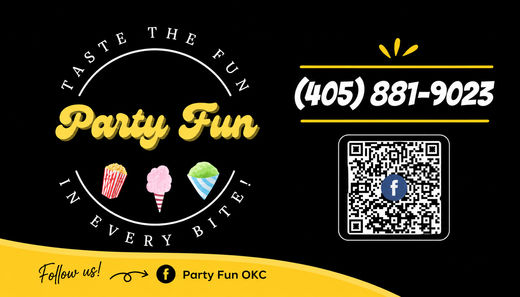 Identidad de Party Fun: palomitas, algodón de azúcar y raspas. Teléfono 405-881-9023 y Facebook Party Fun OKC.